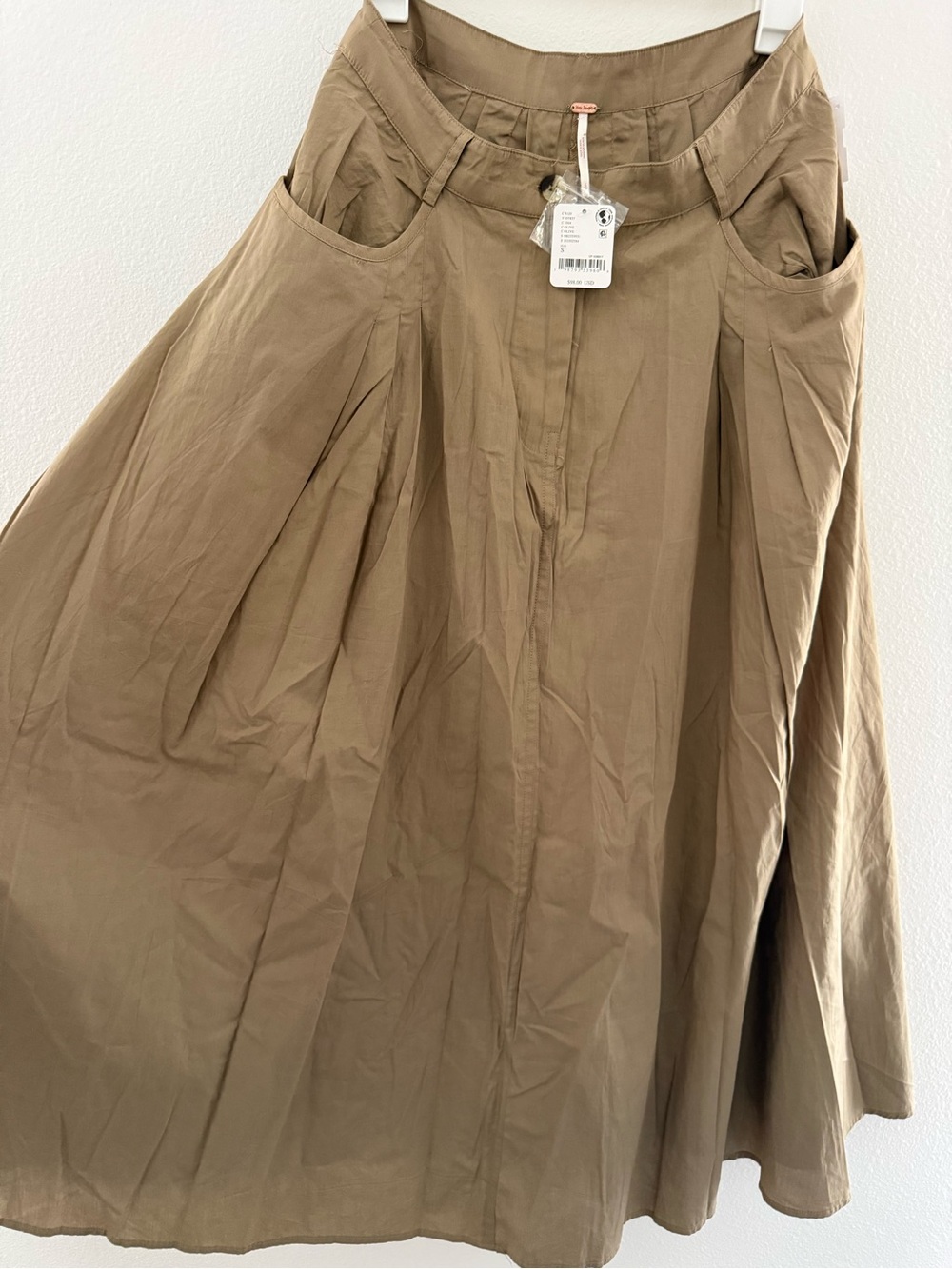 NWT FREE PEOPLE Pleated A-Line Midi Skirt in Khaki